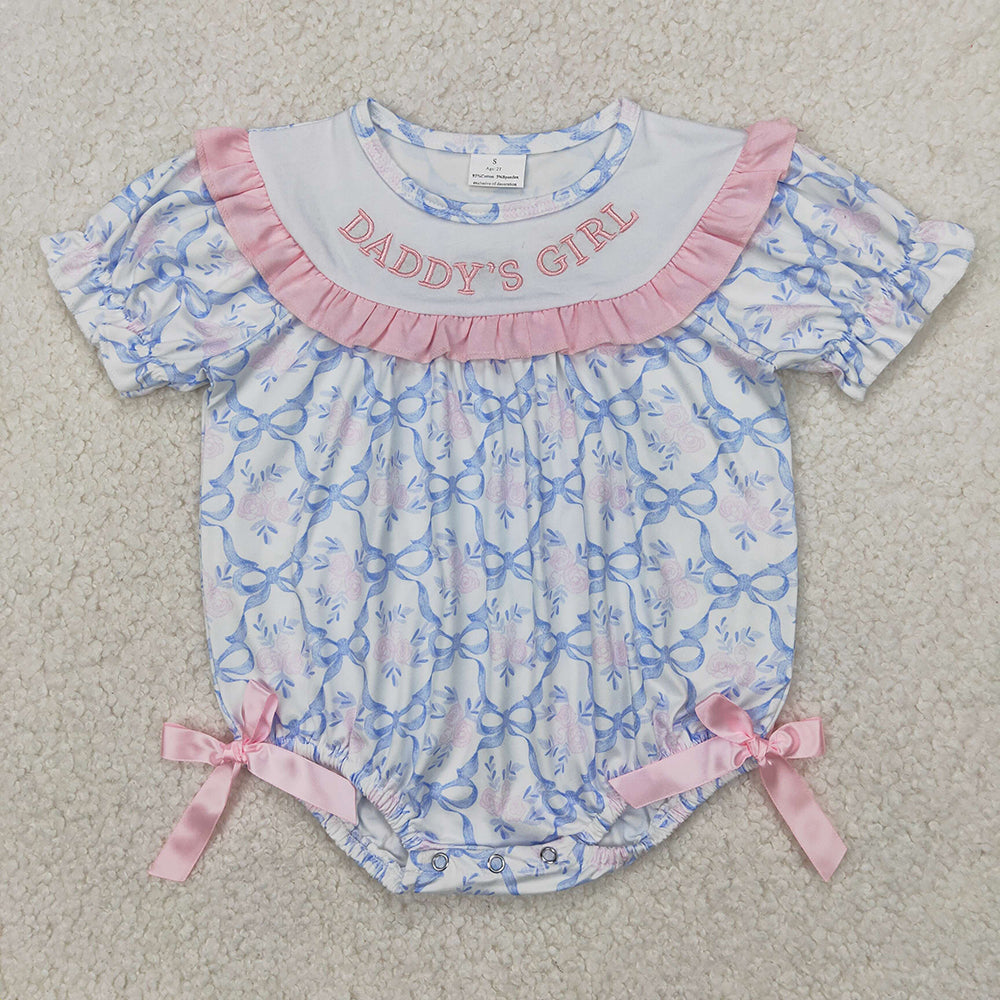Embroidery Baby Infant Girls Blue Bows DADDY'S GIRL Ruffle Rompers