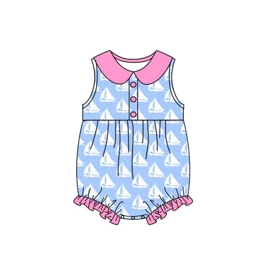 Baby Infant Girls Blue Sleeveless Button Boats Ruffle Rompers Preorder