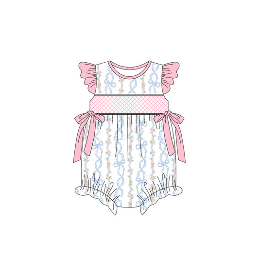 Baby Infant Girls Pink Flutter Sleeves Bows Floral Ruffle Rompers Preorder
