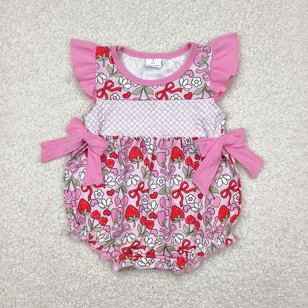 Embroidery Baby Infant Girls Pink Bows Floral Strawberry Ruffle Rompers
