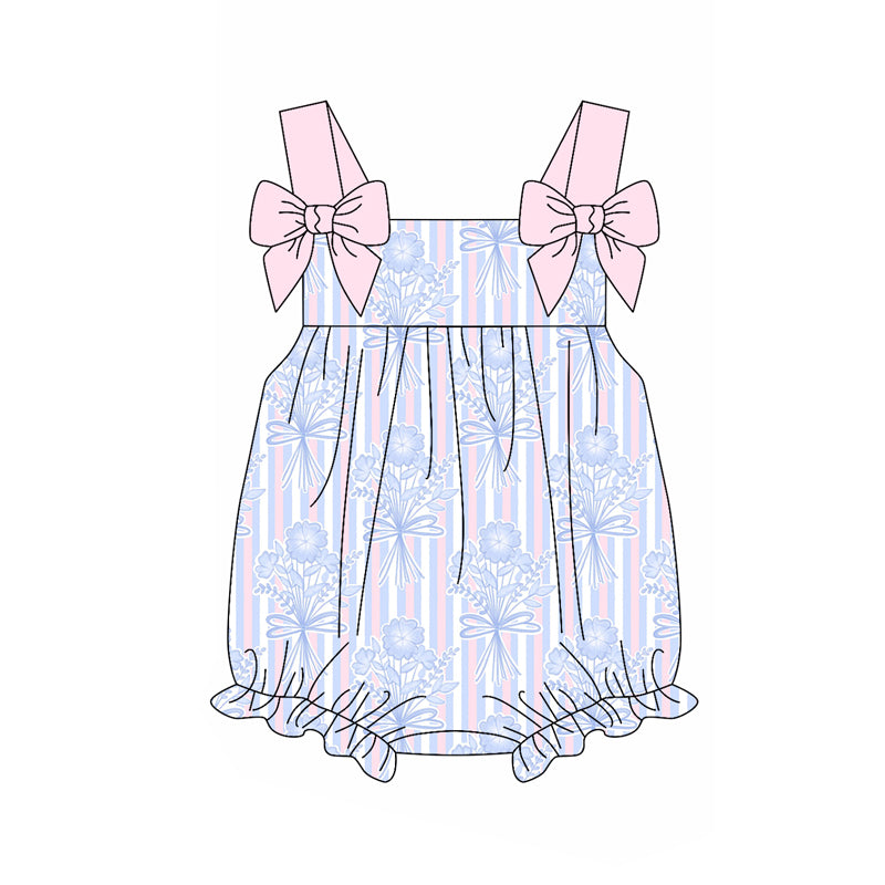 Preorder moq 5 Baby Infant Girls Pink Bows Strap Floral Stripe Ruffle Rompers