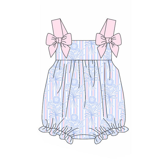 Preorder moq 5 Baby Infant Girls Pink Bows Strap Floral Stripe Ruffle Rompers