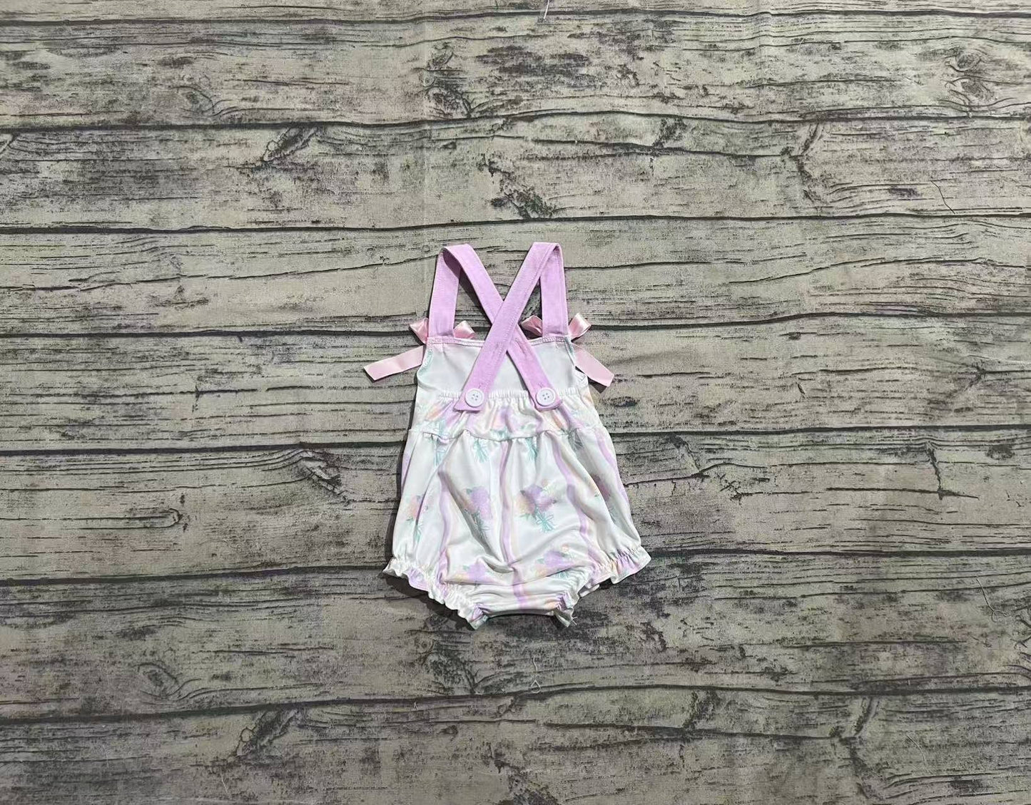 Baby Infant Girls Lavender Bows Strap Floral Stripe Ruffle Rompers