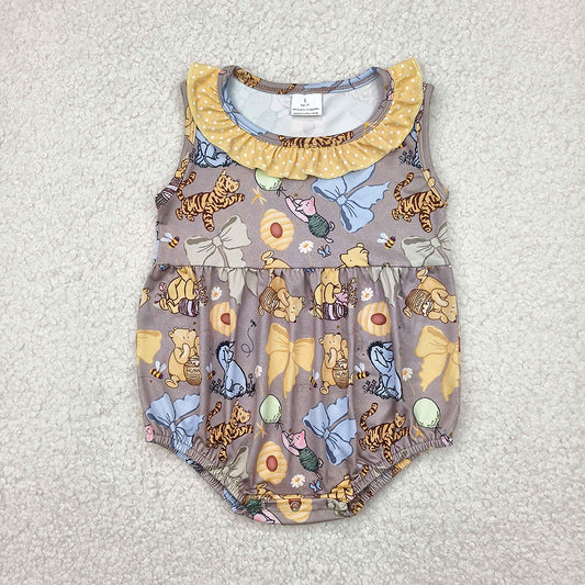 Baby Infant Girls Gray Sleeveless Cartoon Pigs Tigers Ruffle Rompers