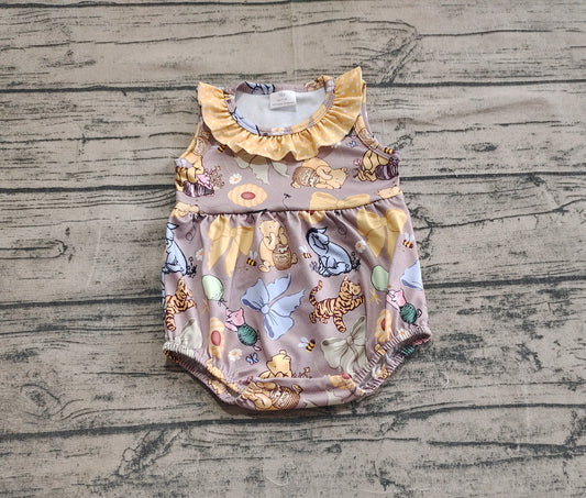 Baby Infant Girls Gray Sleeveless Cartoon Pigs Tigers Ruffle Rompers