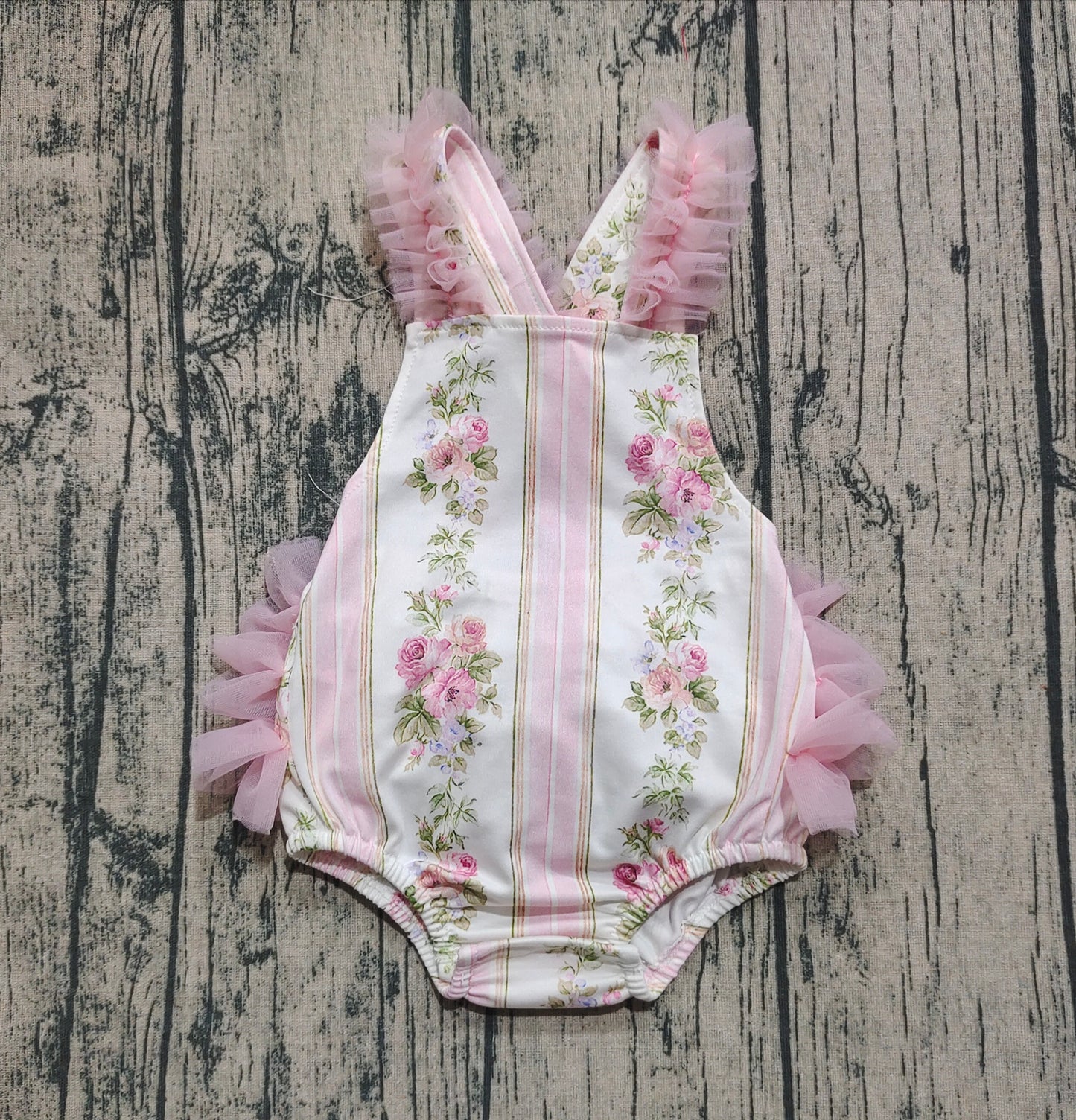 Baby Infant Girls Pink Tulle Strap Floral Stripe Ruffle Rompers