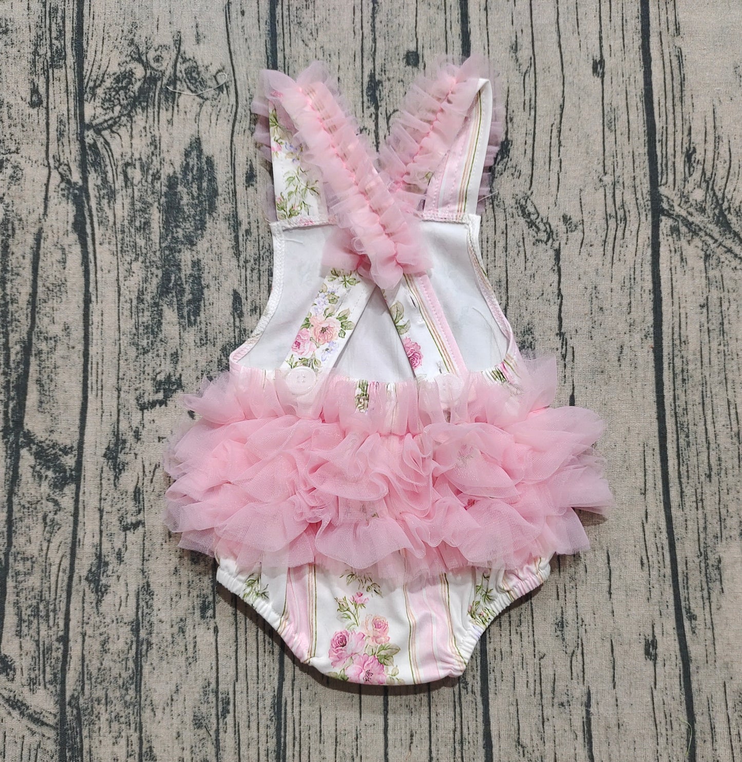 Baby Infant Girls Pink Tulle Strap Floral Stripe Ruffle Rompers