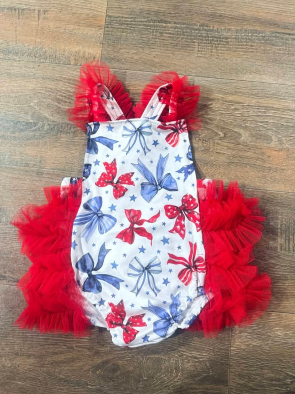 Baby Infant Girls Red Tulle Strap Bows Stars 4th Of July Ruffle Rompers Preorder