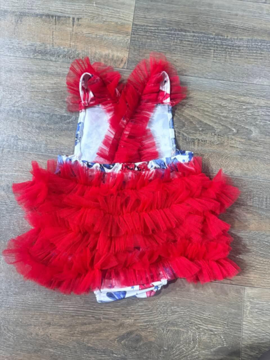 Baby Infant Girls Red Tulle Strap Bows Stars 4th Of July Ruffle Rompers Preorder