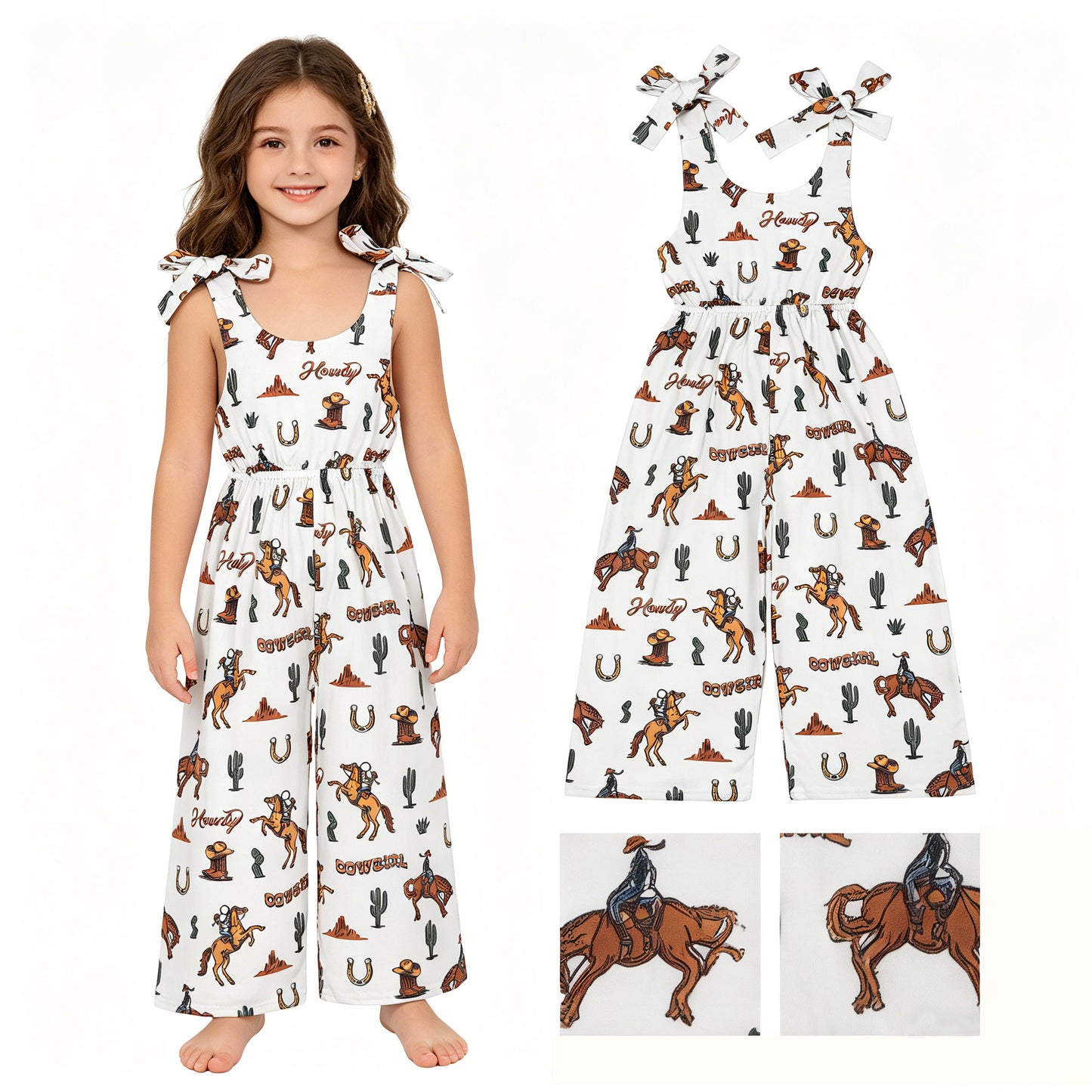 Baby Girls Bows Strap Horse Rodeos Cactus Western Pant Jumpsuits