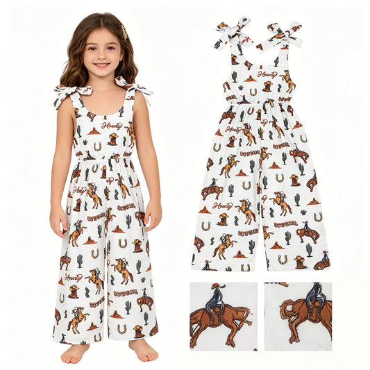 Baby Girls Bows Strap Horse Rodeos Cactus Western Pant Jumpsuits