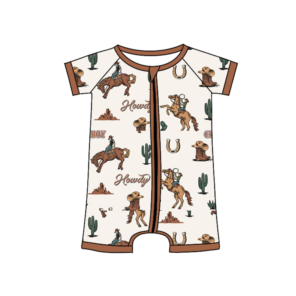 Baby Infant Boys Brown Short Sleeves Horse Rodeos Cactus Zipper Rompers Preorder