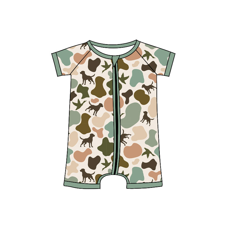 Baby Infant Boys Short Sleeves Green Dogs Ducks Camo Zipper Rompers Preorder