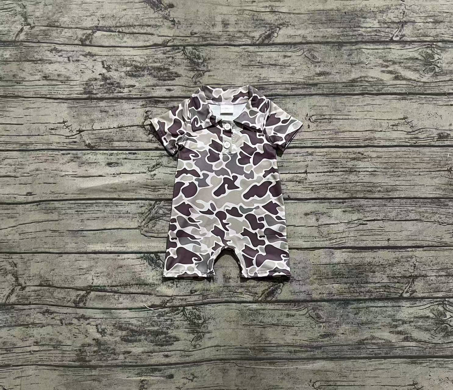 Baby Infant Boys Short Sleeves Dark Gray Camo Button Rompers