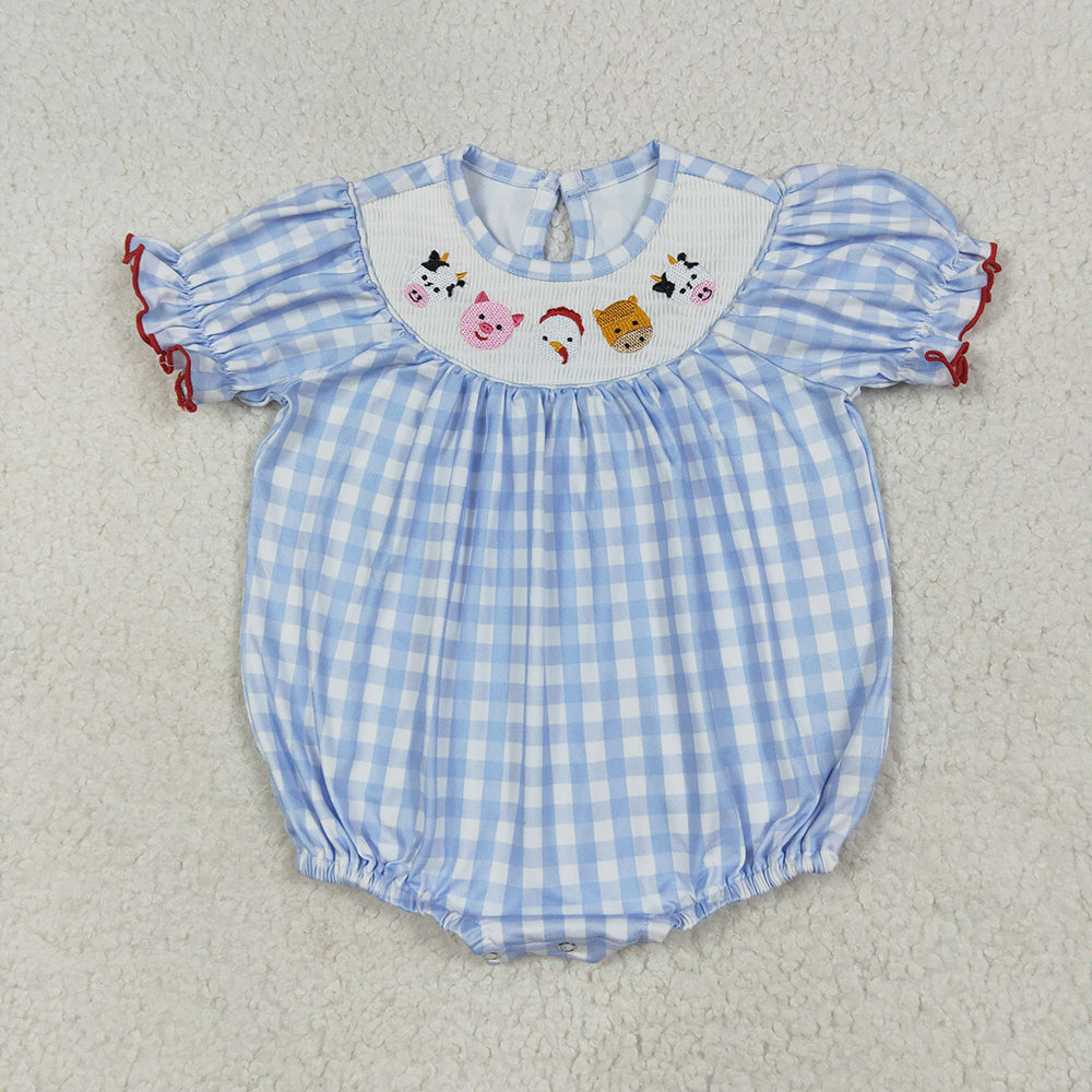 Sibling Baby Girls Blue Plaid Cows Pigs Farm Smocked Rompers Dresses