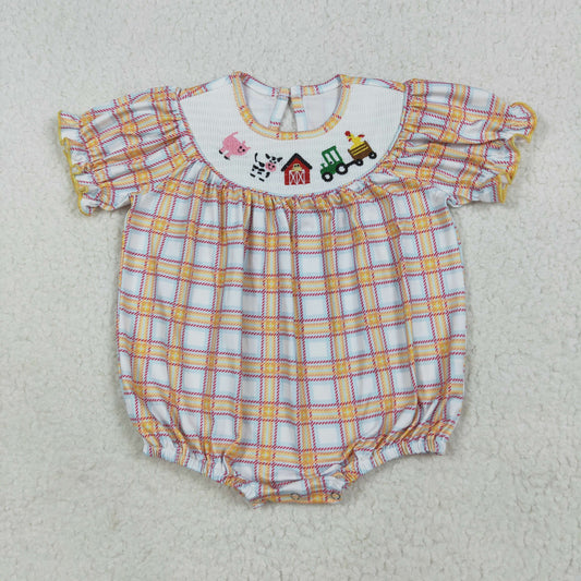 Baby Infant Girls Fall Plaid Cows Farm Smocked Rompers