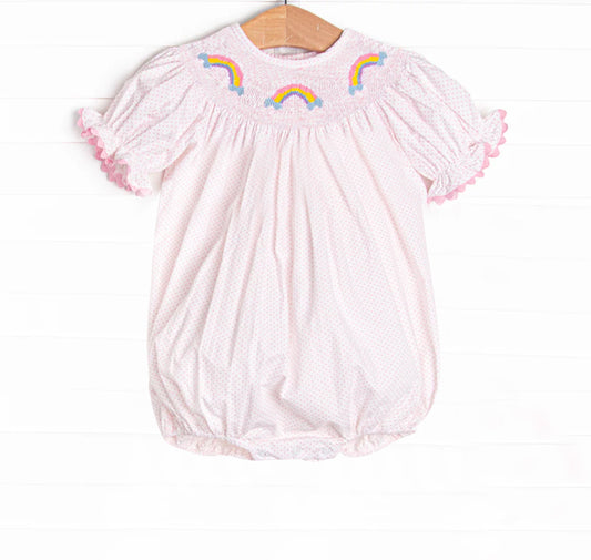 Baby Infant Girls Pink Polka Dots Short Ruffle Sleeves Rainbows Smocked Rompers Preorder