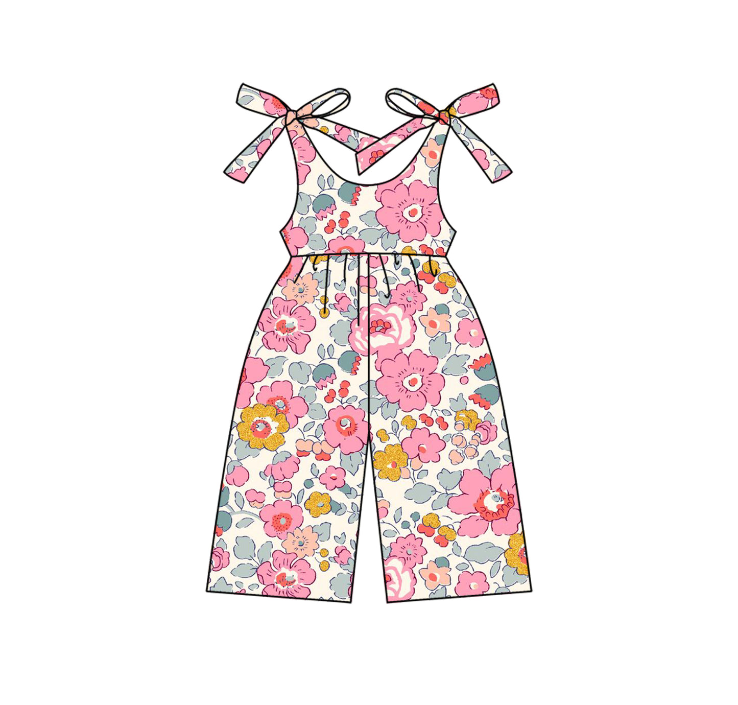 Preorder moq 5 Baby Girls Pink Bows Strap Floral Jumpsuits