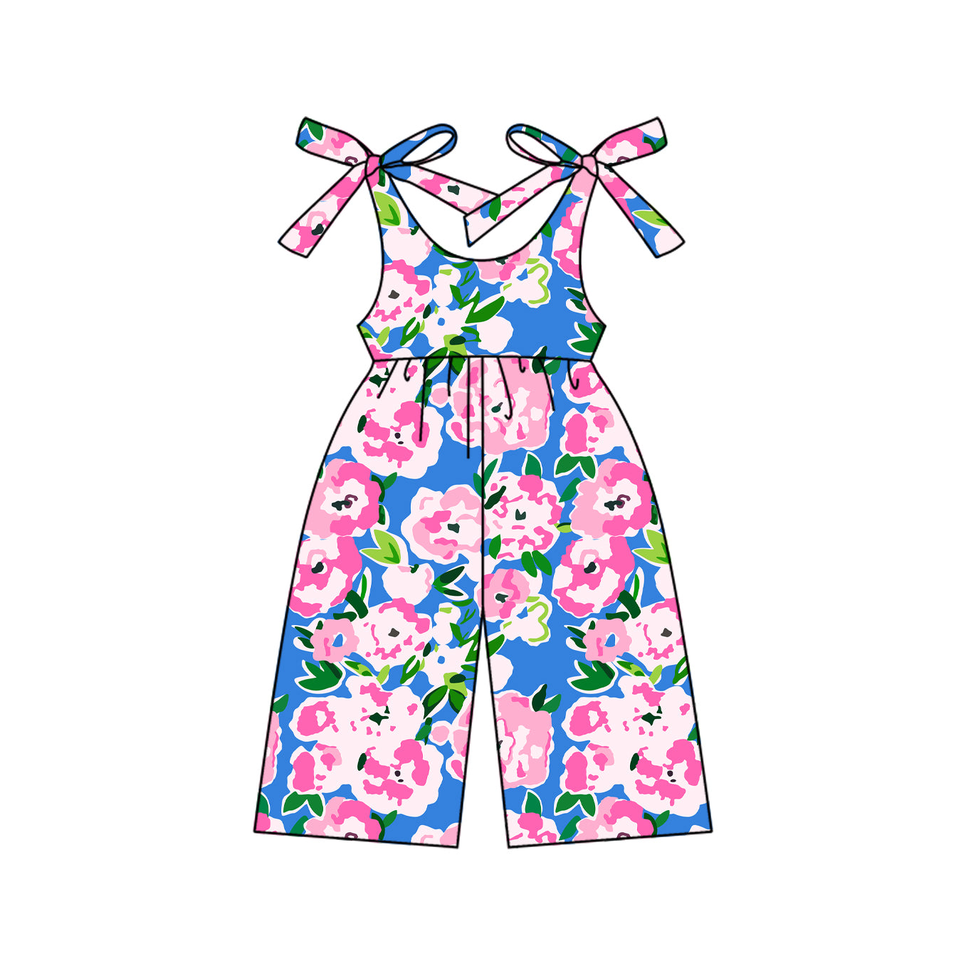 Baby Girls Blue Bows Strap Watercolor Floral Jumpsuits Preorder