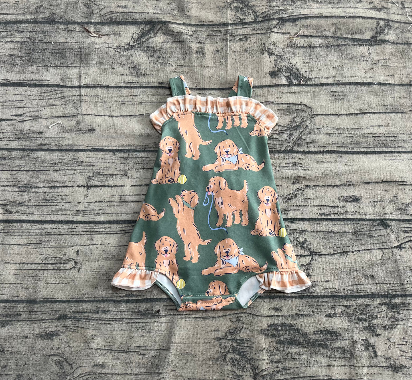 Baby Infant Girls Green Strap Dogs Ruffle Rompers