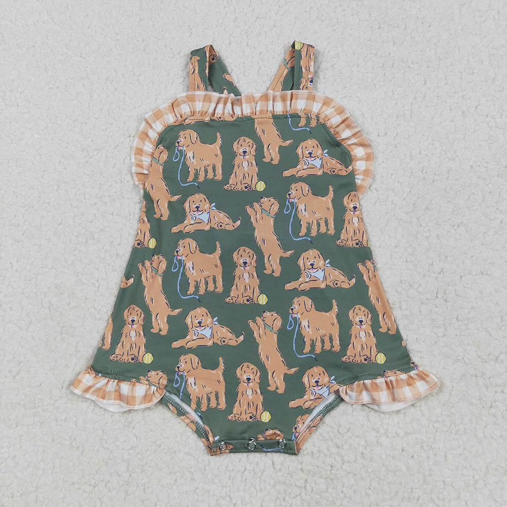 Baby Infant Girls Green Strap Dogs Ruffle Rompers