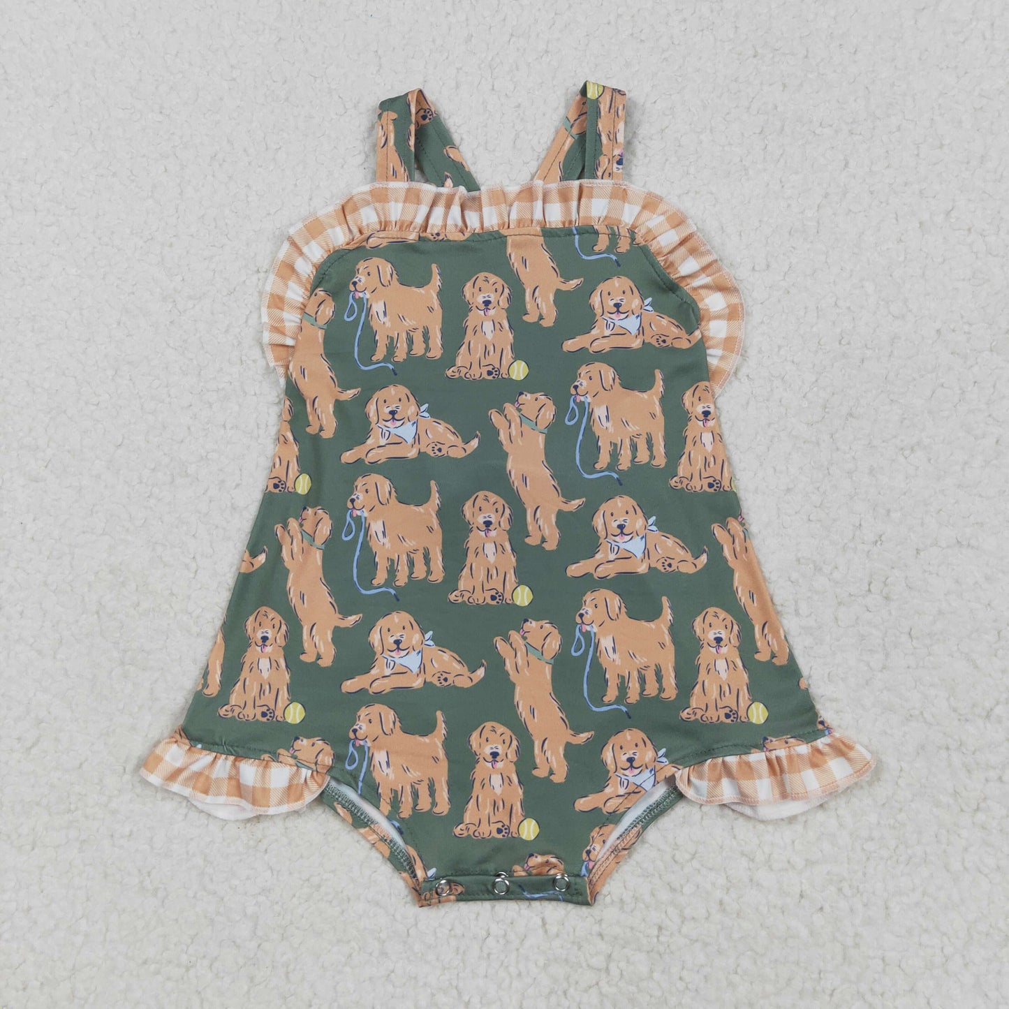 Sibling Baby Girls Green Sleeveless Dogs Bows Tunic Khaki Plaid Ruffle Shorts Sets Rompers