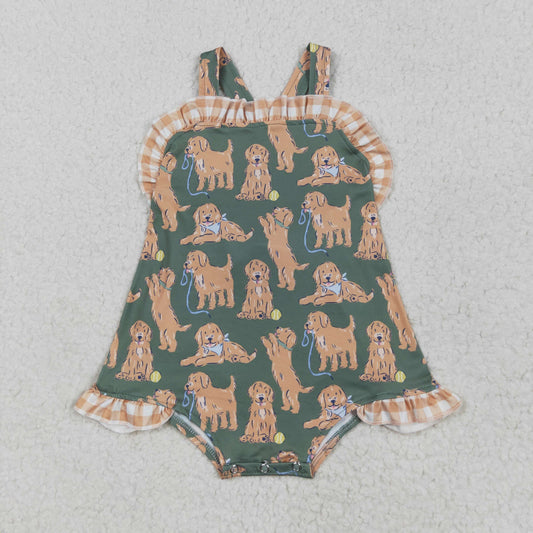 Sibling Baby Girls Green Sleeveless Dogs Bows Tunic Khaki Plaid Ruffle Shorts Sets Rompers