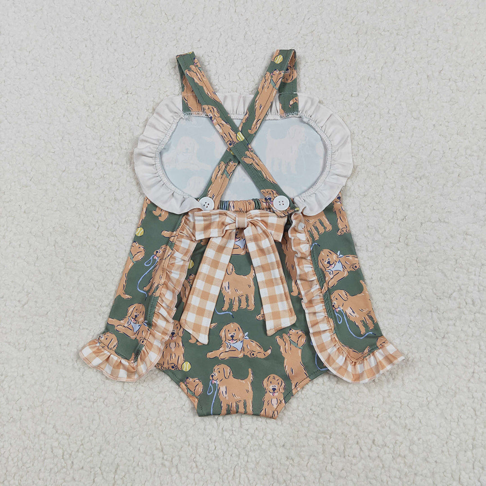 Baby Infant Girls Green Strap Dogs Ruffle Rompers