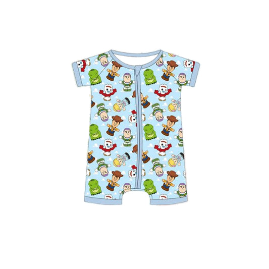 Preorder moq 5 Baby Infant Boys Blue Short Sleeves Cartoon Dolls Zipper Rompers