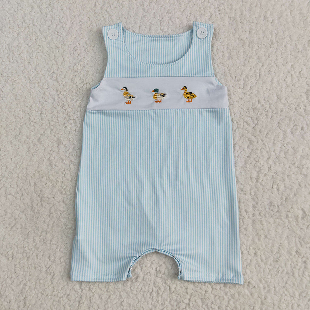 Smocked Ducks Baby Boys Blue Stripe Sleeveless Button Rompers