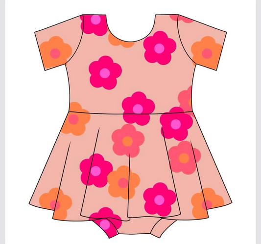 Baby Infant Girls Short Sleeves Pink Flowers Dress Skort Rompers Preorder