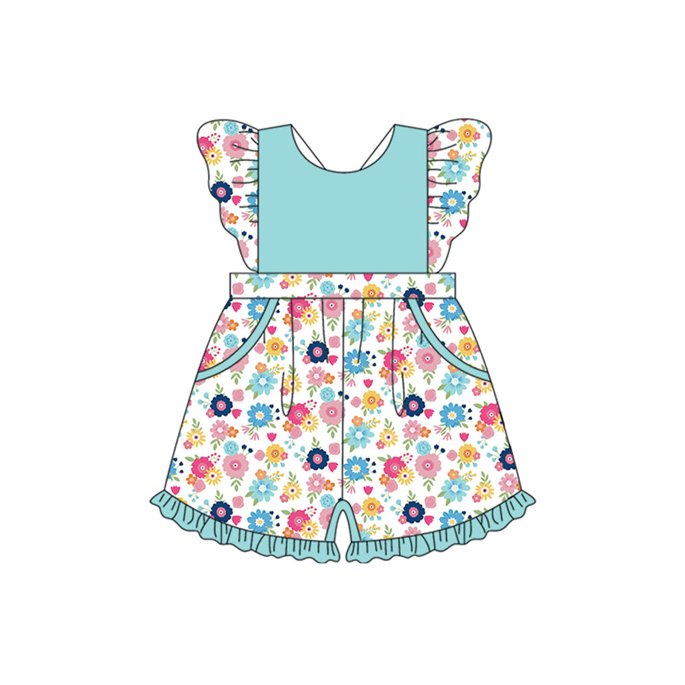 Baby Girls Flutter Sleeves Colorful Flowers Pockets Jumpsuits Preorder