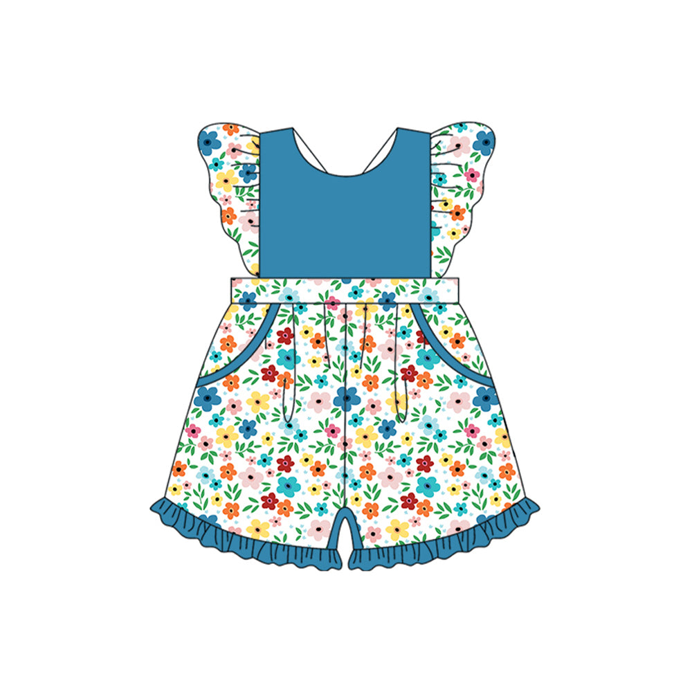 Baby Girls Flutter Sleeves Blue Flowers Pockets Jumpsuits Preorder