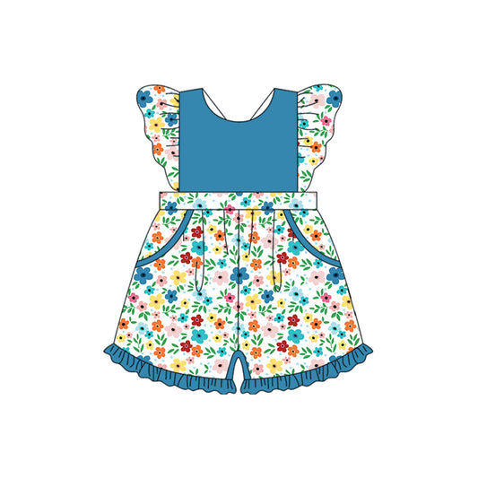 Baby Girls Flutter Sleeves Blue Flowers Pockets Jumpsuits Preorder