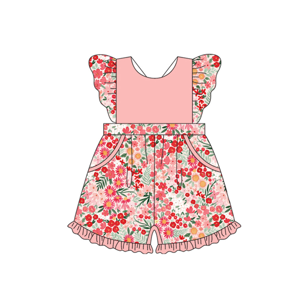 Baby Girls Flutter Sleeves Pink Flowers Pockets Jumpsuits Preorder