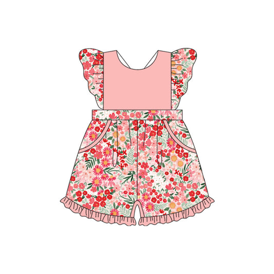 Baby Girls Flutter Sleeves Pink Flowers Pockets Jumpsuits Preorder