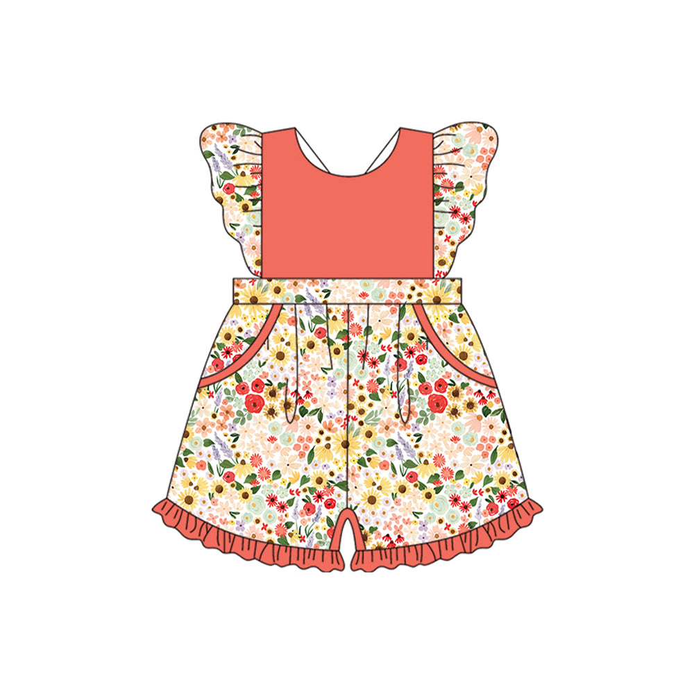 Baby Girls Flutter Sleeves Orange Flowers Pockets Jumpsuits Preorder