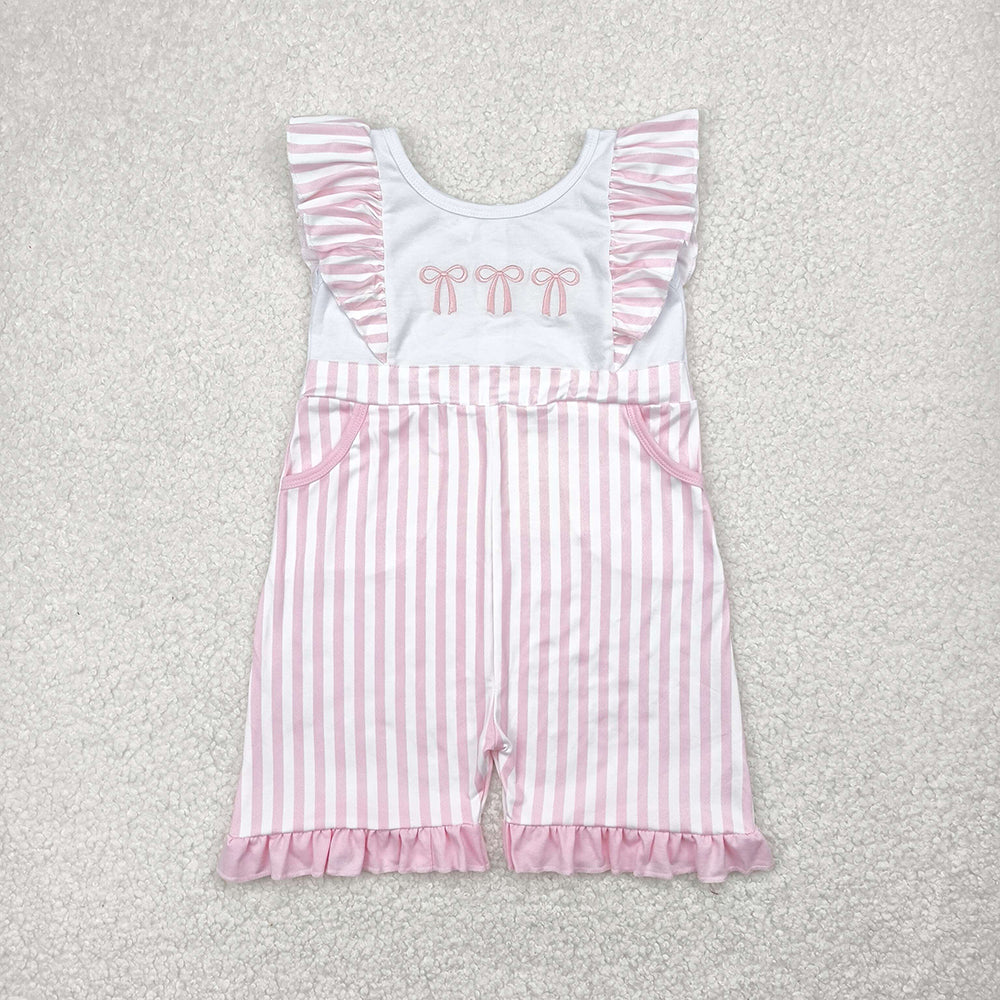 Embroidery Baby Girls Flutter Sleeves Pink Bows Pockets Jumpsuits