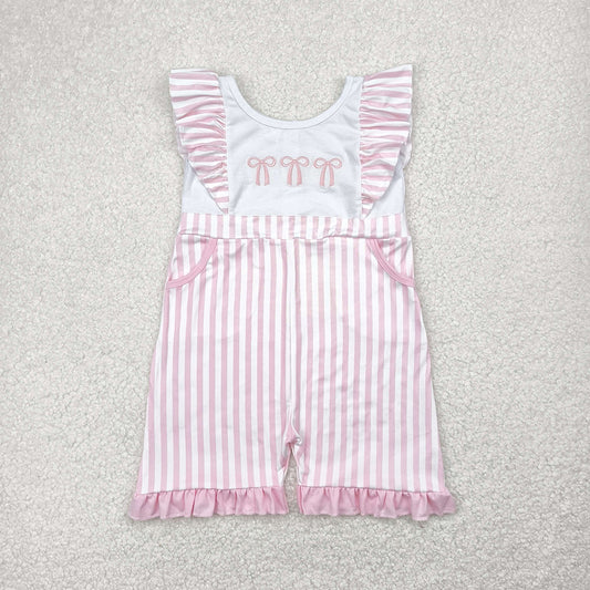Embroidery Baby Girls Flutter Sleeves Pink Bows Pockets Jumpsuits