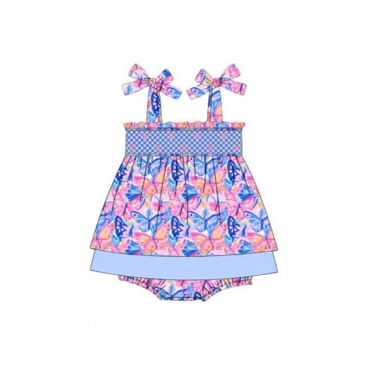 Baby Girls Strap Colorful Butterfly Ruffle Bummies Dresses Rompers Preorder