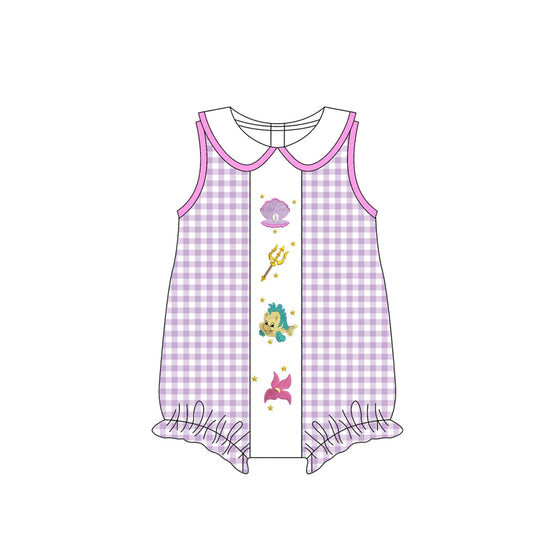 Preorder moq 5 Baby Girls Lavender Plaid Sleeveless Cartoon Fish Ruffle Rompers