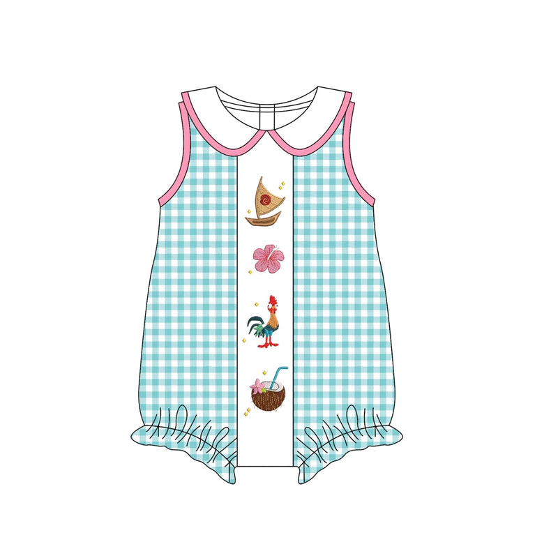 Baby Girls Blue Plaid Sleeveless Floral Boats Ruffle Rompers Preorder