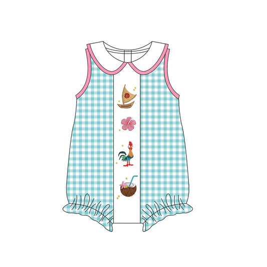 Baby Girls Blue Plaid Sleeveless Floral Boats Ruffle Rompers Preorder