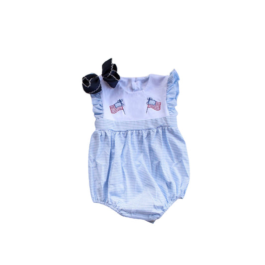 Baby Girls Blue Flutter Sleeves Flags 4th Of July Ruffle Rompers Preorder