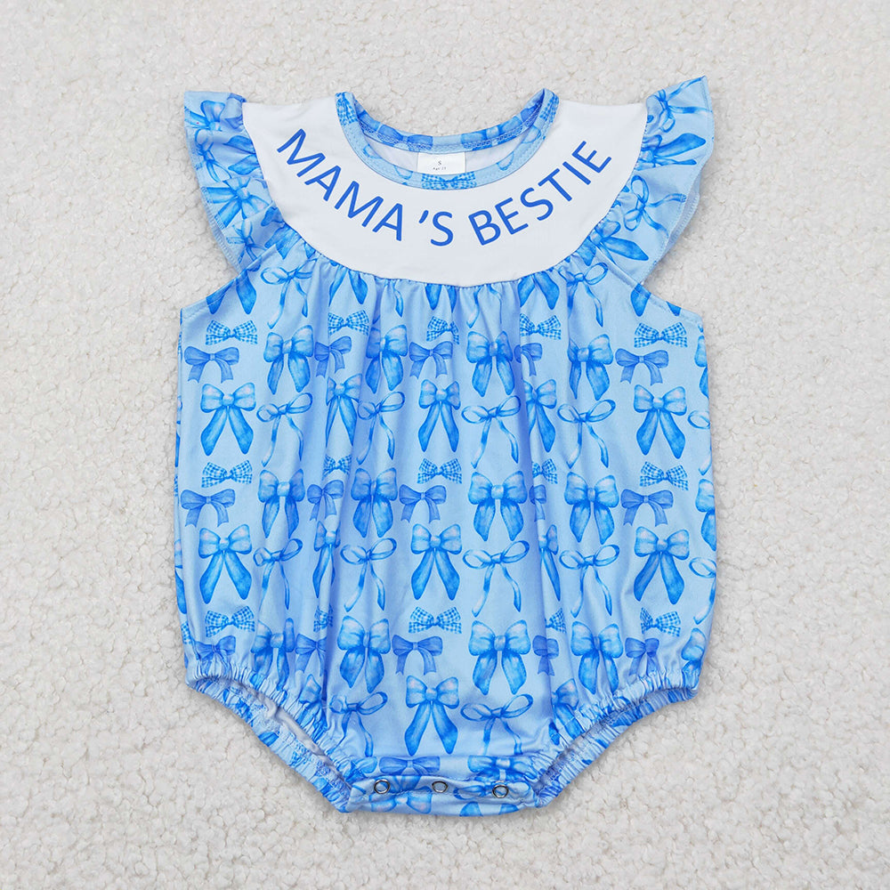 Baby Girls Blue Mama's Bestie Bows Ruffle Rompers