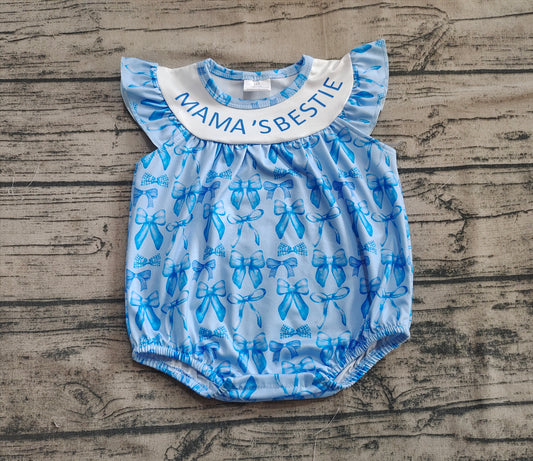 Baby Girls Blue Mama's Bestie Bows Ruffle Rompers