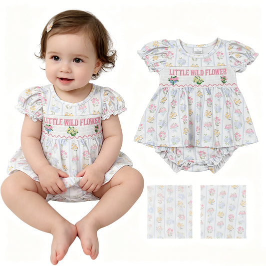Smocked Little Wild Flower Baby Girls Tunic Ruffle Bummies Rompers