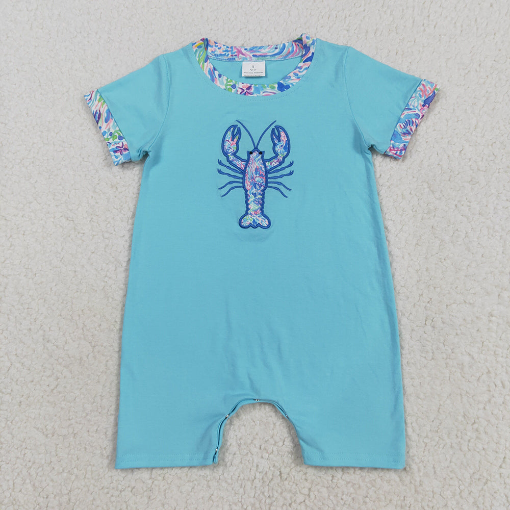 Embroidery Baby Boys Blue Short Sleeves Crayfish Rompers