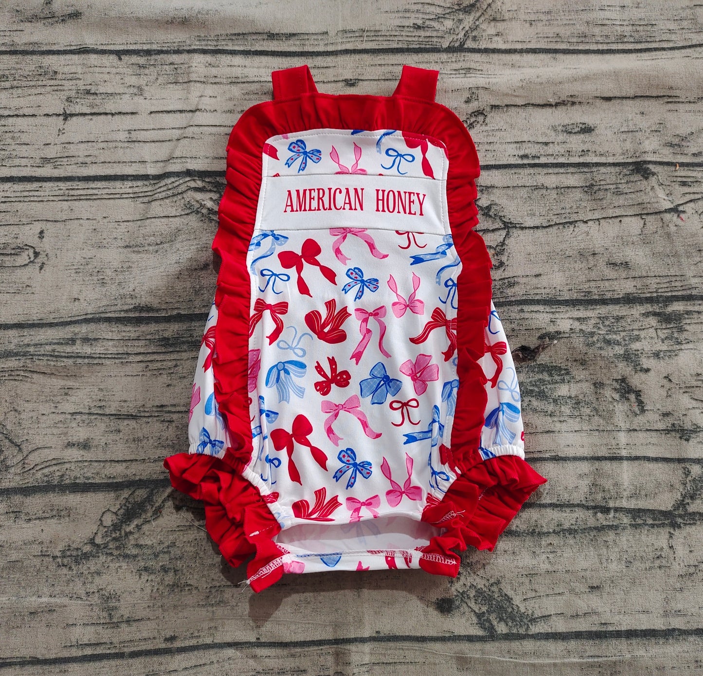 Baby Girls Red Strap American Honey Blue Bows 4th Of July Rompers