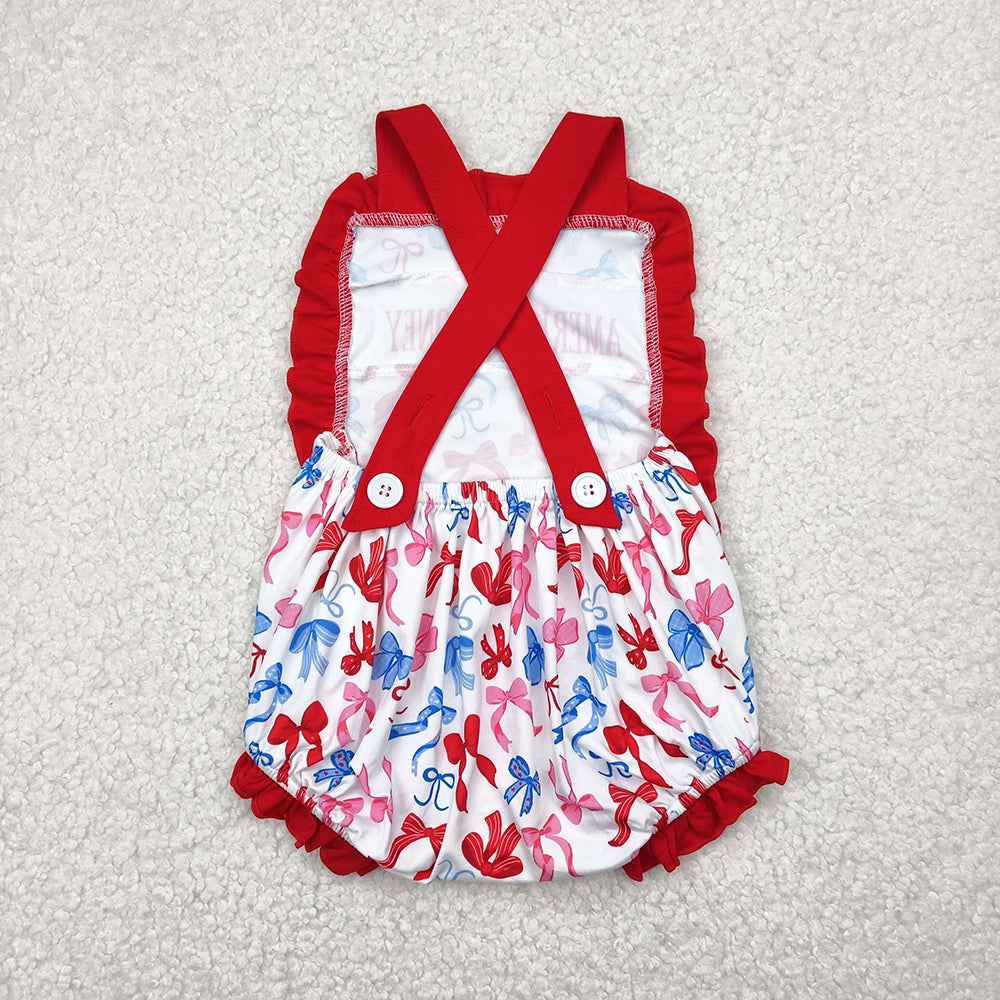 Baby Girls Red Strap American Honey Blue Bows 4th Of July Rompers